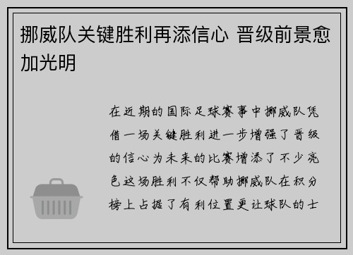 挪威队关键胜利再添信心 晋级前景愈加光明