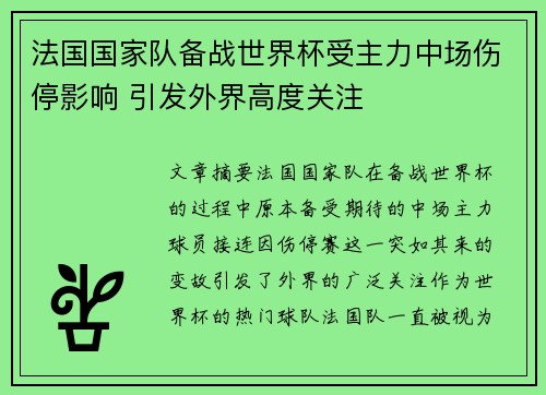 法国国家队备战世界杯受主力中场伤停影响 引发外界高度关注