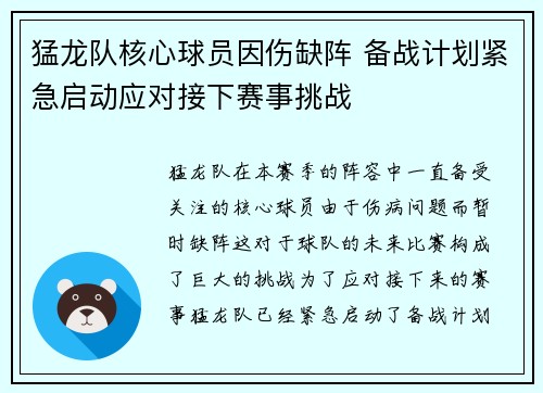 猛龙队核心球员因伤缺阵 备战计划紧急启动应对接下赛事挑战