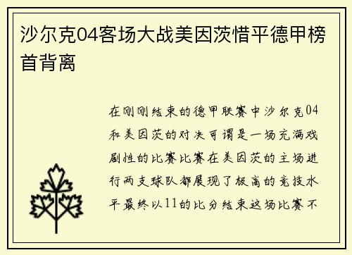 沙尔克04客场大战美因茨惜平德甲榜首背离