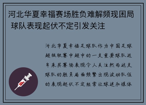 河北华夏幸福赛场胜负难解频现困局 球队表现起伏不定引发关注
