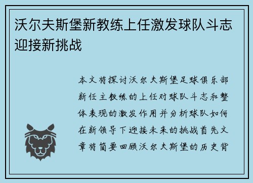沃尔夫斯堡新教练上任激发球队斗志迎接新挑战