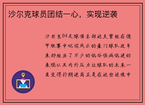 沙尔克球员团结一心,实现逆袭