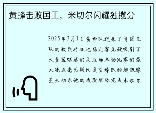 黄蜂击败国王,米切尔闪耀独揽分