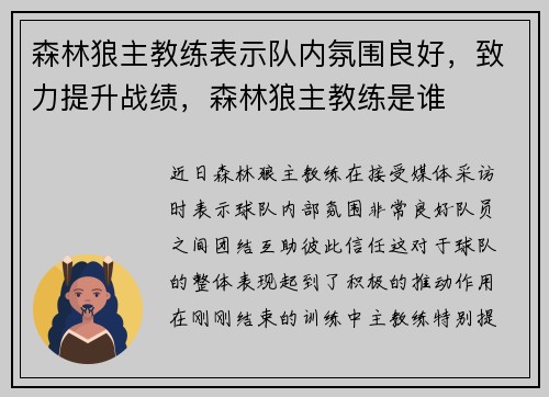森林狼主教练表示队内氛围良好，致力提升战绩，森林狼主教练是谁