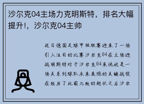 沙尔克04主场力克明斯特,排名大幅提升!,沙尔克04主帅