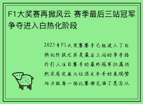 F1大奖赛再掀风云 赛季最后三站冠军争夺进入白热化阶段
