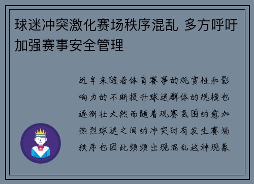 球迷冲突激化赛场秩序混乱 多方呼吁加强赛事安全管理
