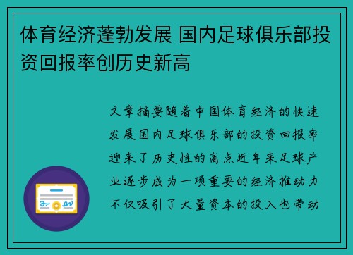 体育经济蓬勃发展 国内足球俱乐部投资回报率创历史新高